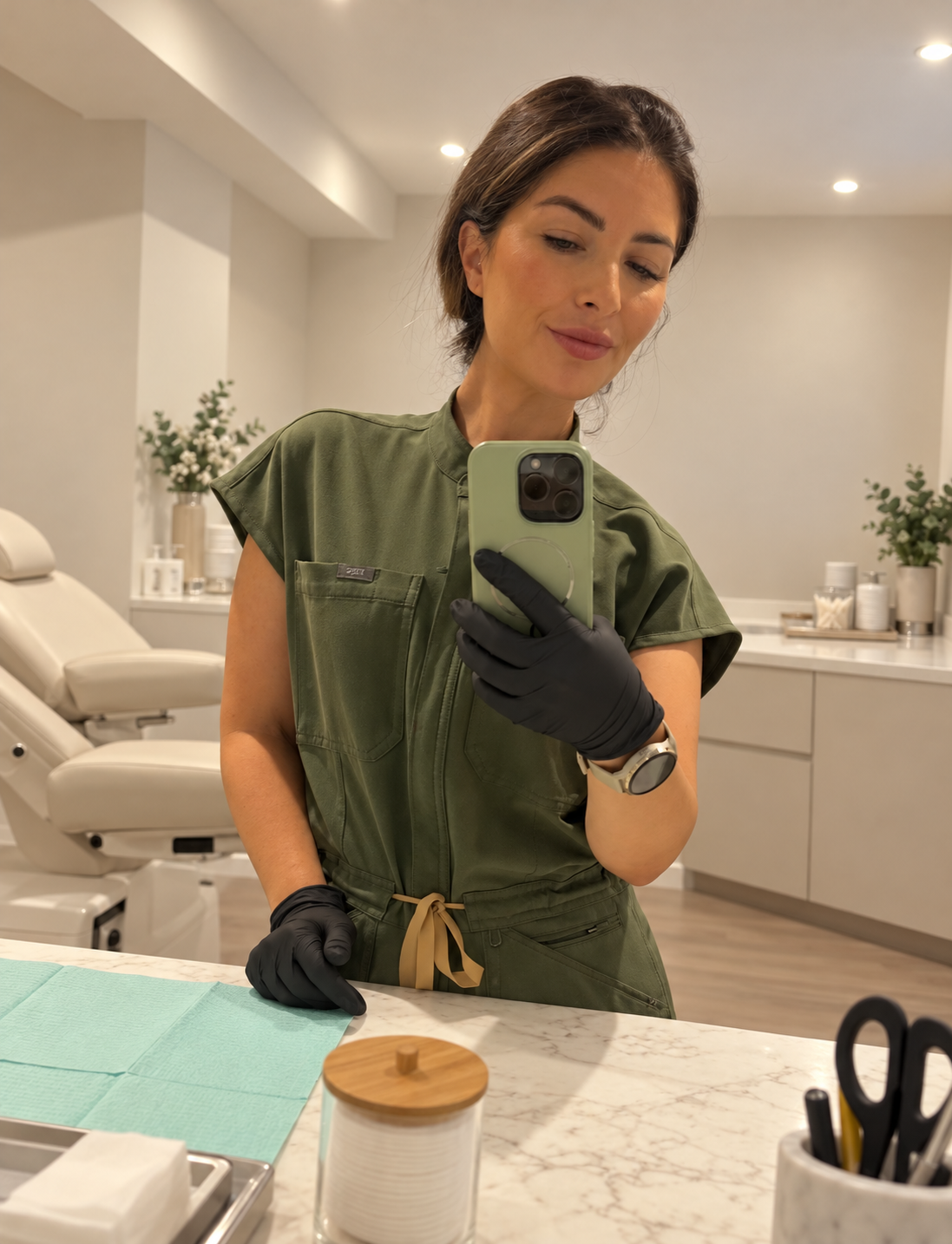 Dr Jo in green scrubs and black gloves